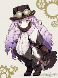  1girl alternate_costume ankle_strap arm_belt belt black_belt black_thighhighs brown_gloves brown_hat brown_shoes brown_skirt brown_vest closed_mouth drill_hair full_body gear_print gears gloves goggles goggles_on_headwear grey_background hat head_on_hands high_heels highres hikari_(h_pikari) hyakumantenbara_salome long_sleeves looking_at_viewer nijisanji pleated_skirt pouch print_thighhighs puffy_sleeves purple_hair shirt shoes signature skirt smile solo squatting steampunk thigh-highs vest violet_eyes virtual_youtuber white_shirt wide_sleeves 