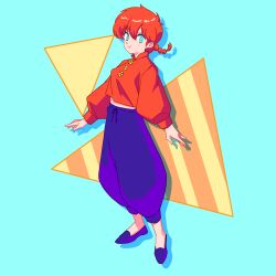  1girl blue_background blue_eyes closed_mouth commentary_request full_body highres looking_at_viewer miyano68mamo pants purple_pants purple_shoes ranma-chan ranma_1/2 red_hair shoes smile solo 