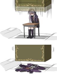 1girl black_ribbon braid brown_necktie chair collared_shirt copyright_request cube danganronpa:_trigger_happy_havoc danganronpa_(series) falling hair_ribbon highres jacket kirigiri_kyoko kmnm_1403 long_hair long_sleeves necktie open_clothes open_jacket purple_hair ribbon shirt side_braid sitting skirt sweat white_shirt 