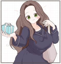  1girl absurdres bag blue_bow blue_serafuku blue_shirt blue_skirt blush bow box breasts brown_hair closed_mouth commentary_request cowboy_shot forehead gift gift_box green_eyes hands_up highres holding holding_bag holding_box holding_gift inset_border large_breasts long_hair long_sleeves looking_at_viewer mitsuha-chan_(olto_rondo) olto_rondo original school_uniform serafuku shirt skirt smile solo tareme white_background 