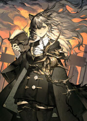  1girl animal_ears arknights ascot black_coat black_dress black_thighhighs book braid brown_hair closed_mouth coat cowboy_shot dress extra_ears hair_between_eyes hair_ornament highres holding holding_book jacket long_hair long_sleeves looking_at_viewer mole mole_above_eye open_clothes open_coat penance_(arknights) reaching shirt solo strapchan019 tail thigh-highs white_ascot white_shirt wing_collar wolf_ears yellow_eyes 