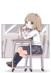  1girl blue_eyes blush bow chair desk full_body kneehighs kuresuku_(lessons) loafers original plaid_clothes plaid_skirt school_desk school_uniform scrunchie shirt shoes sitting skirt socks solo white_shirt wrist_scrunchie 