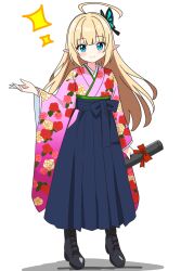  1girl ahoge black_boots blonde_hair blue_eyes blue_hakama blush boots butterfly_hair_ornament closed_mouth commentary_request dot_nose floral_print floral_print_kimono full_body hair_ornament hakama hakama_skirt hand_up highres japanese_clothes kimono kotatsu-mazoku lace-up_boots long_hair long_sleeves looking_at_viewer original pink_kimono pointy_ears print_kimono sidelocks simple_background skirt smile solo sparkle standing white_background wide_sleeves 