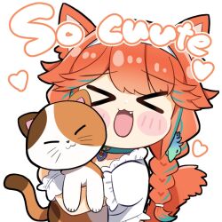  >_< 1girl :3 :d animal animal_ears blush_stickers braid calico_(pattern) calico_cat cat_ears cat_girl cat_tail chibi chibi_only closed_eyes commentary_request dot_nose english_text fang green_streaks heart holding holding_animal hololive hololive_english kemonomimi_mode long_hair multicolored_hair nabe_(nabe_otome) open_mouth orange_hair simple_background single_braid smile solo streaked_hair tail takanashi_kiara upper_body virtual_youtuber whiskers white_background x3 xd 