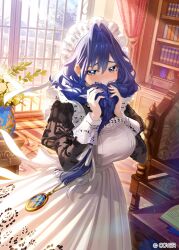  1girl apron black_dress blue_eyes blue_hair blush braid breasts commentary_request copyright_notice day dress embroidered_dress empire_waist fanged_bangs frilled_apron frilled_hat frills hair_intakes hat holding holding_own_hair hololive hololive_english indoors juliet_sleeves large_breasts long_dress long_hair long_sleeves looking_at_viewer low_twin_braids maid maid_apron mob_cap official_alternate_costume official_alternate_hairstyle official_art ouro_kronii ouro_kronii_(maid) pompocy puffy_sleeves solo twin_braids victorian_maid virtual_youtuber white_apron white_hat 