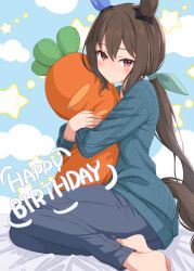  1girl admire_vega_(casual)_(umamusume) admire_vega_(umamusume) animal_ears barefoot black_pants blue_sweater brown_tail commentary_request ear_covers gamyuu_(gamyu) hair_between_eyes happy_birthday highres horse_ears horse_girl horse_tail hugging_doll hugging_object long_hair looking_at_viewer low_ponytail pants ponytail red_eyes single_ear_cover sitting solo star_(symbol) stuffed_carrot sweater tail umamusume yokozuwari 