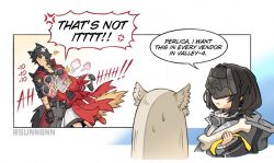  1boy 3girls animal_ears arknights arknights:_endfield artist_name bird_ears black_gloves black_hair black_jacket blindfold_mask blonde_hair bone brother_and_sister cape commentary endministrator_(arknights) english_commentary english_text female_endministrator_(arknights) gloves grey_hair hood hooded_cape jacket long_hair mask medium_hair multiple_girls perlica_(arknights) red_cape red_jacket rossi_(arknights) short_hair short_sleeves siblings speech_bubble sunnbnn tail twitter_username very_short_hair wolf_boy wolf_ears wolf_girl wolf_tail wulfgard_(arknights) 