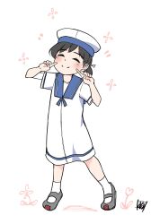  1girl artist_logo black_hair blue_sailor_collar closed_eyes commentary_request dress hat hiburi_(kancolle) highres index_fingers_raised kantai_collection logo low_ponytail ponytail sailor_collar sailor_dress sailor_hat shoes short_ponytail short_sleeves smile solo tadokoro_nurikabe uwabaki white_dress white_hat 