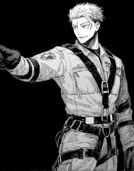  1boy alternate_costume alternate_universe black_background commentary_request firefighter gloves greyscale highres itadori_yuuji jujutsu_kaisen jujutsu_kaisen_modulo male_focus monochrome nay_bb pointing scar scar_on_face scar_on_forehead scar_on_mouth short_hair simple_background solo undercut 