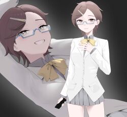  1girl breasts brown_eyes brown_hair closed_mouth digimon digimon_story:_time_stranger glasses grey_background grey_shirt grey_skirt hashtag-only_commentary highres jacket mianbaoren miniskirt multiple_views parted_lips pleated_skirt sagisaka_hiroko semi-rimless_eyewear shirt short_hair simple_background skirt smile under-rim_eyewear white_jacket 