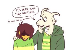  1boy 1other adoptive_siblings alt_text androgynous animal_ears antenna_hair asriel_dreemurr closed_mouth collared_shirt colored_skin commentary deltarune duplicarto english_commentary fangs furry furry_male green_jacket green_sweater hand_on_another's_shoulder hood hood_down hooded_jacket horns jacket kris_(deltarune) long_sleeves looking_at_another no_eyes open_mouth shaded_face shirt shirt_under_sweater short_hair simple_background skin_fangs smile speech_bubble sweater utdr_(toby_fox) white_background white_shirt yellow_skin 