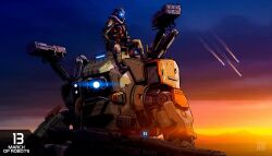  1boy assault_visor black_boots blue_eyes blue_visor boots bt-7274 bulletproof_vest commentary glowing glowing_eye gradient_sky gun helmet holding holding_gun holding_weapon jack_cooper juan_richard_feliz male_focus mecha mecha_pilot_suit missile_pod on_mecha one-eyed orange_sky purple_sky robot science_fiction sitting sky titan_(titanfall) titanfall_(series) titanfall_2 twilight upper_body weapon 