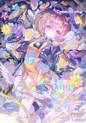  1girl absurdres bird black_jacket blonde_hair boots dress gloves helmet highres holding jacket long_sleeves looking_at_viewer multicolored_hair open_mouth original planet purple_gloves sample_watermark short_hair solo space_helmet watermark xiaochunli yellow_dress 