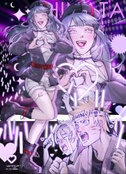  1girl 2boys abstract_background absurdres alternate_costume arm_up artist_name belt_around_waist black_boots black_jacket blonde_hair blunt_bangs blush boots character_name clenched_hand couple crescent crescent_necklace crying curly_hair excited fangs floating_hair full_body glowstick group_sex hair_between_eyes hair_floating_upwards hands_up happy hat headband heart heart_hands highres holding holding_glowstick hyuuga_hinata jacket jewelry leg_up long_hair long_sleeves looking_to_the_side looking_up mmf_threesome moon multiple_boys nanimook_kore naruto:_the_last naruto_(series) naruto_mobile necklace official_alternate_costume ootsutsuki_toneri open_mouth purple_background purple_hair red_lips robe shorts solo_focus standing standing_on_one_leg streaming_tears tears threesome upper_body uzumaki_naruto violet_eyes whiskers white_hair white_robe white_shorts 