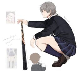  2boys arrow_(symbol) artist_name baseball_bat black-framed_eyewear black_jacket blue_skirt blush brown_hair brown_shoes buttons caelus_(honkai:_star_rail) caessy_mp11 closed_mouth crossdressing crossdressing_(mtf) full_body graphia_academy_school_uniform grey_hair hair_between_eyes half-closed_eyes hand_up hands_up highres holding holding_baseball_bat holding_removed_eyewear honkai:_star_rail honkai_(series) jacket long_sleeves looking_to_the_side male_focus miniskirt multiple_boys open_clothes open_jacket plaid_clothes plaid_skirt pleated_skirt purple_socks round_eyewear school_uniform shirt shoes short_hair skirt skott_(honkai:_star_rail) socks solo_focus squatting sunglasses trailblazer_(honkai:_star_rail) unworn_eyewear upper_body white_shirt yellow_eyes 