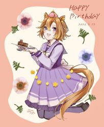  1girl absurdres animal_ears blush bow bowtie breasts cake cake_slice commentary_request crown flower food fork hair_between_eyes happy_birthday highres holding holding_fork holding_plate horse_ears horse_girl horse_tail kurauchi_naya long_sleeves looking_at_viewer mini_crown open_clothes open_mouth orange_hair orange_tail pink_crown plate pleated_skirt purple_sailor_collar purple_serafuku purple_shirt purple_skirt purple_thighhighs sailor_collar sailor_shirt school_uniform serafuku shirt short_hair skirt smile solo t.m._opera_o_(umamusume) tail thigh-highs tracen_school_uniform umamusume violet_eyes white_bow white_bowtie 