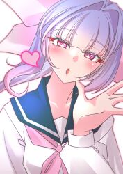  1girl absurdres alternate_costume blue_hair blue_sailor_collar commentary_request gradient_hair highres i-19_(kancolle) kantai_collection long_hair looking_at_viewer multicolored_hair neckerchief pink_neckerchief red_eyes sailor_collar sailor_shirt shirt simple_background solo tri_tails tsukasa_(tukasa_br) upper_body waving white_background white_shirt 