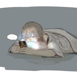  ... 1boy blanket border caelus_(honkai:_star_rail) cellphone commentary_request covered_mouth grey_hair hair_between_eyes half-closed_eyes highres holding holding_phone honkai:_star_rail honkai_(series) karaimucho looking_at_phone lying male_focus on_stomach phone pillow shadow shirt short_hair short_sleeves smartphone solo speech_bubble spoken_ellipsis t-shirt trailblazer_(honkai:_star_rail) white_border white_shirt yellow_eyes 