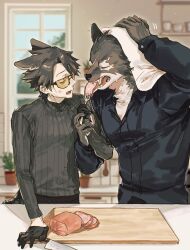  2boys anger_vein animal_ears annoyed arknights black_fur black_gloves black_hair black_shirt black_sweater capone_(arknights) closed_eyes commentary_request cutting_board drying drying_hair drying_own_hair eating food fork furry furry_male gambino_(arknights) glasses gloves ham highres holding holding_fork holding_knife knife looking_at_another male_focus moufuku001 multiple_boys open_mouth scar scar_across_eye scar_on_face shirt sweater wet wolf_boy wolf_ears 