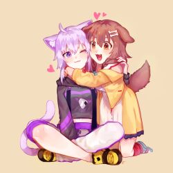  2girls ahoge animal_ear_fluff animal_ears benzbt black_hoodie braid brown_eyes brown_hair cat_ears cat_girl cat_tail closed_mouth commentary dog_ears dog_girl dog_tail dress heart highres hololive hood hoodie hug inugami_korone inugami_korone_(1st_costume) jacket medium_hair multiple_girls nekomata_okayu nekomata_okayu_(1st_costume) pants purple_hair smile tail twin_braids violet_eyes virtual_youtuber white_dress white_pants yellow_jacket 