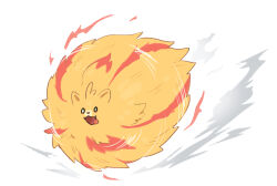  animal attack bright_pupils commentary_request dog fangs fluffy full_body highres matsumoto_tomoyohi no_humans open_mouth orange_fur pokemon pokemon_(creature) pokemon_focus pombon pomeranian_(dog) simple_background smile smoke solo tongue tongue_out white_background white_pupils 