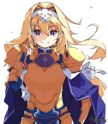  1girl alice_zuberg armor blonde_hair blue_cape blue_eyes breastplate cape closed_mouth commentary_request cowboy_shot dated gauntlets gloves hair_between_eyes hair_intakes hairband hand_in_own_hair headband highres long_hair long_sleeves looking_at_viewer pauldrons ponytail shikei shoulder_armor sidelocks signature simple_background smile solo sword_art_online upper_body very_long_hair white_background 