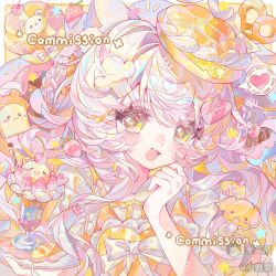  1girl absurdres animal_ears blush blush_stickers border bow bowtie braid cat_ears cherry cream fang food food-themed_hair_ornament frills fruit hair_ornament hairclip heart highres holding ice ice_cream long_hair looking_at_viewer open_mouth original pancake pink_hair plate puffy_sleeves sample_watermark shirt short_sleeves smile solo star_(symbol) strawberry upper_body watermark whipped_cream white_bow white_hair xiaochunli yellow_bow yellow_eyes 