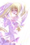 1girl azaka_(rionrita) blonde_hair collar commentary_request cowboy_shot cross-laced_armwear detached_collar dress feathered_wings hand_on_own_chest hands_up head_wings highres hoshina_utau long_hair looking_at_hand off-shoulder_dress off_shoulder open_mouth puffy_short_sleeves puffy_sleeves seraphic_charm short_sleeves shugo_chara! sleeves_past_wrists solo twintails violet_eyes white_collar white_dress white_wings wings 