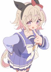  1girl animal_ears blush bow bowtie breasts commentary_request curren_chan_(umamusume) ear_bow ear_covers grey_hair hair_between_eyes honkawa_works horse_ears horse_girl horse_tail long_sleeves looking_at_viewer millipen_(medium) open_mouth pen_(medium) pleated_skirt purple_sailor_collar purple_serafuku purple_shirt purple_skirt purple_thighhighs red_bow sailor_collar sailor_shirt school_uniform serafuku shirt short_hair simple_background skirt smile solo tail thigh-highs tracen_school_uniform traditional_media umamusume violet_eyes white_background white_bow white_bowtie 