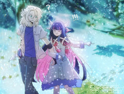  ! !! 1boy 1girl ? albedo_(genshin_impact) alternate_costume black_hair blonde_hair blue_shirt braid closed_eyes coat colored_inner_hair columbina_(genshin_impact) commentary couple english_commentary eye_mask feet_out_of_frame footprints genshin_impact green_eyes grey_pants hair_ribbon hand_in_pocket head_wings hetero highres locked_arms long_hair long_sleeves looking_at_another mask moonlightdxxix multicolored_hair open_clothes open_mouth open_shirt outdoors pants pink_hair pointing ribbon shirt short_hair short_sleeves smile snow snow_angel snowing streaked_hair twitter_username very_long_hair watermark white_coat white_ribbon white_shirt white_wings wings 