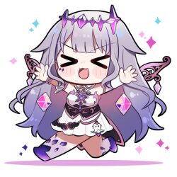  >_< 1girl :3 :d bare_shoulders blunt_bangs blush_stickers chibi chibi_only closed_eyes commentary_request dot_nose dress full_body grey_hair hands_up hololive hololive_english jewel_under_eye koseki_bijou long_hair nabe_(nabe_otome) open_mouth outstretched_arms purple_shoes shoes simple_background smile solo sparkle spread_arms standing standing_on_one_leg strapless strapless_dress v-shaped_eyebrows virtual_youtuber white_background white_dress x3 xd 
