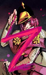  1girl capelet cream_starter_(stand) fur_hat gold_flower hat highres hot_pants_(sbr) jojo_no_kimyou_na_bouken kujo long_sleeves looking_at_viewer pink_capelet pink_eyes pink_hair pink_lips short_hair stand_(jojo) steel_ball_run 