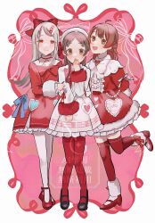  3girls ahoge arm_behind_back beret black_shoes blush border bow bowtie brown_eyes brown_hair closed_mouth clothes_grab collared_dress commentary_request dress flipped_hair full_body fur-trimmed_dress fur-trimmed_sleeves fur_trim gakuen_idolmaster grabbing_another's_sleeve grey_hair hair_ornament hairclip hamham_gkms hanami_ume hand_to_own_mouth hand_up hat highres idolmaster kuramoto_china long_dress long_hair looking_at_viewer medium_hair multiple_girls open_mouth ornate_border outside_border pantyhose parted_bangs petticoat pink_background red_bow red_bowtie red_dress red_pantyhose red_shoes red_thighhighs shinosawa_hiro shoes short_dress smile standing standing_on_one_leg thigh-highs watermark white_background white_dress white_hat 