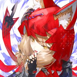  1girl animal_ear_fluff animal_ears arknights arknights:_endfield black_gloves blonde_hair cape commentary ears_through_headwear fang fingerless_gloves gloves highres hood hood_up hooded_cape juffles low-tied_sidelocks open_mouth red_cape rossi_(arknights) sidelocks skin_fang solo wolf_ears wolf_girl yellow_eyes 
