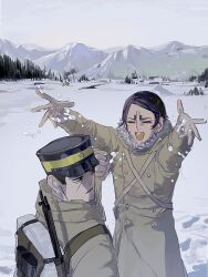  2boys backpack bag black_hair closed_eyes coat commentary_request day facial_hair fur-trimmed_coat fur_trim goatee golden_kamuy grey_sky gun hat highres kepi koito_otonoshin long_sleeves male_focus military_hat multiple_boys omimi_0505 open_mouth outdoors rifle short_hair sky smile snow tsukishima_hajime weapon winter winter_clothes 
