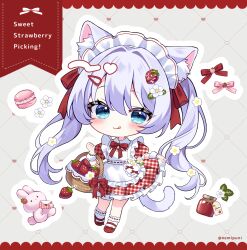 1girl :3 :q absurdres animal_ear_fluff animal_ears apron basket blue_eyes blush bow bowtie cat_ears cat_girl cat_tail chibi chibi_only closed_mouth commentary_request double-parted_bangs dress ene-chan english_text food frilled_apron frilled_dress frills fruit full_body gingham_clothes gingham_dress grey_background grid_background hair_between_eyes hair_intakes highres long_hair looking_at_viewer macaron maid maid_headdress original pink_bow purple_hair rabbit red_bow red_bowtie red_shoes ribbon-trimmed_socks ribbon_trim shoes short_sleeves smile socks solo standing strawberry tail tongue tongue_out twintails twitter_username white_apron white_socks 