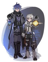  2boys antenna_hair arm_behind_back artist_name belt black_belt black_boots black_capelet black_coat black_gloves black_pants black_shoes blue_eyes blue_hair bluesky_username boots capelet chest_harness closed_mouth coat collared_capelet commentary_request crossed_bangs flins_(genshin_impact) fur-trimmed_coat fur-trimmed_sleeves fur_trim genshin_impact gloves gradient_hair grey_coat grey_hair grey_pants hair_between_eyes harness holding holding_lantern illuga_(genshin_impact) knee_boots knee_pads lace-up_boots lantern lapels leg_warmers long_hair long_sleeves looking_at_viewer magnera_nora male_focus mole mole_under_eye multicolored_hair multiple_boys open_clothes open_coat outstretched_arm pants parted_bangs purple_sash purple_shirt red_hair ribbed_sweater sash shirt shoes short_hair sleeve_cuffs smile standing sweater thigh_strap turtleneck turtleneck_sweater twitter_username two-tone_hair vision_(genshin_impact) watermark white_background white_leg_warmers white_sweater yellow_eyes 