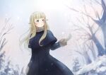  1girl black_dress blonde_hair blue_eyes cold commentary_request dress dutch_angle english_commentary floating_hair gloves highres long_hair long_sleeves looking_afar partial_commentary princess_(princess_principal) princess_principal signature sky snow snowflakes snowing solo tree white_gloves white_sky xin_(blueramen) 