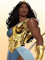  1girl armor artist_name black_hair blue_dress blurry box_braids bracer breasts brown_eyes commentary cowboy_shot dark-skinned_female dark_skin dc_comics depth_of_field dress english_commentary gold_armor gold_bracer gold_tiara gradient_background highres holding holding_polearm holding_weapon long_hair looking_to_the_side medium_breasts nubia_(dc) parted_lips pepedraws polearm solo weapon wonder_woman_(series) yellow_background 