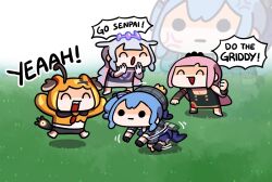  4girls ^_^ ahoge anger_vein beret blue_hair brown_hair chibi closed_eyes commentary fortnite gigi_murin gigi_murin_(1st_costume) hair_ribbon hairband hashtag-only_commentary hat highres hololive hololive_english hoshimachi_suisei hoshimachi_suisei_(1st_costume) jacket keenbiscuit koseki_bijou koseki_bijou_(1st_costume) long_hair mori_calliope mori_calliope_(1st_costume) multicolored_hair multiple_girls open_mouth pink_hair purple_hair ribbon side_ponytail smile streaked_hair virtual_youtuber 