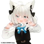  1girl absurdres aged_down ahoge animal_ear_fluff animal_ears black_bow black_dress blue_bow blue_bowtie blush bow bowtie braid commentary_request crime_prevention_buzzer dress earrings fox_ears fox_girl green_eyes hair_between_eyes hair_bow highres hololive jewelry looking_at_viewer misuke0617 open_mouth pinafore_dress pull_cord shirakami_fubuki shirt shukusei!!_loli-gami_requiem sidelocks single_braid sleeveless sleeveless_dress smile solo two_side_up virtual_youtuber white_hair white_shirt 