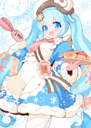  1girl :d apron blue_dress blue_eyes blue_hair blush brown_hat character-themed_food commentary_request cowboy_shot double-parted_bangs doughnut dress food frilled_apron frills hair_between_eyes hat hatsune_miku highres holding holding_tongs holding_tray kanoe_soushi long_hair long_sleeves looking_at_viewer necktie open_mouth pantyhose pink_necktie rabbit_yukine short_dress smile solo striped_clothes striped_pantyhose tongs tray twintails vocaloid white_apron white_pantyhose wide_sleeves yuki_miku yuki_miku_(2026) 