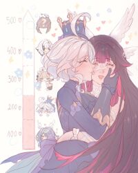  2girls ahoge arlecchino_(genshin_impact) black_gloves black_hair blue_hair blue_hat blue_jacket blush bow closed_eyes columbina_(genshin_impact) commentary english_commentary eye_mask furina_(genshin_impact) genshin_impact gloves hand_on_another's_face hat head_wings highres jacket kiss kiss_meter_(meme) kissing_cheek lauma_(genshin_impact) long_hair long_sleeves mask meme multicolored_hair multiple_girls open_mouth pink_hair sandrone_(genshin_impact) short_hair shrimperer smile top_hat two-tone_hair very_long_hair white_background white_bow white_hair white_wings wings wrist_bow yuri 