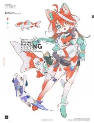  1girl animal_ear_fluff animal_feet antenna_hair bandaged_leg bandages bandaid bandaid_on_knee bandaid_on_leg blue_eyes cat_tail character_request chilfa_112 colored_inner_animal_ears commentary_request copyright_request creature detached_sleeves digitigrade fins fish fish_girl fish_tail heterochromia highres holding holding_creature multicolored_hair open_mouth orange_hair original scales streaked_hair tail thick_eyebrows white_streaks yellow_eyes 