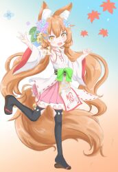 1girl \m/ animal_ear_fluff animal_ears black_thighhighs blue_background bow commentary crossed_bangs detached_sleeves double-parted_bangs falling_leaves fang fox_ears fox_girl fox_tail frilled_skirt frills gradient_background green_bow green_sash hair_between_eyes highres japanese_clothes kimono korin_(shironeko_project) leaf leg_up legwear_bell light_blush long_hair long_sleeves maple_leaf neck_ribbon obi open_mouth orange_eyes orange_hair orange_ribbon outstretched_arms pink_background pink_skirt pleated_skirt red_sandals ribbon runa_fox sandals sash sash_bow shaka_sign shironeko_project skirt smile solo tail thigh-highs very_long_hair white_kimono wide_sleeves 