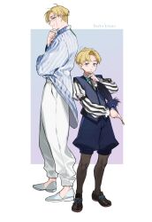  2boys blonde_hair blue_eyes blue_vest chi.:_chikyuu_no_undou_ni_tsuite commentary_request cosplay fate/grand_order fate_(series) full_body glasses hans_christian_andersen_(fate) hans_christian_andersen_(fate)_(cosplay) highres holding holding_quill leggings long_sleeves looking_at_viewer male_focus multiple_boys pants puffy_shorts quill rafal_(chi.) sakitsu shirt short_hair shorts smile standing striped_clothes striped_shirt vertical-striped_clothes vertical-striped_shirt vest 