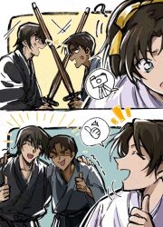  1girl 2boys ? anger_vein arm_around_shoulder black_robe brown_hair closed_eyes crossed_swords fighting fukushiro_hijiri furrowed_brow grey_robe hair_between_eyes hair_ribbon hattori_heiji japanese_clothes kendo light_blush long_hair looking_at_another meitantei_conan multiple_boys open_mouth parted_bangs ponytail ribbon robe sayaendou0426 shaded_face shinai short_hair smile sword tan thumbs_up tooyama_kazuha trembling upper_body weapon white_robe yellow_ribbon 