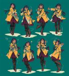  1girl boots closed_eyes cross-laced_footwear dancing dark-skinned_female dark_skin green_background hair_ribbon jacket juby lace-up_boots one_eye_closed open_mouth original red_ribbon red_skirt ribbon simple_background skirt smile star_(symbol) yellow_jacket 