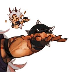  1boy arataki_itto arm_focus biceps black_nails bodypaint bracelet cawchan chibi chibi_inset colored_inner_hair commentary english_commentary fingernails genshin_impact highres horns jewelry long_hair male_focus multicolored_hair pectorals red_hair red_horns sharp_fingernails sidepec simple_background sparkle spiked_bracelet spikes veins veiny_arms white_background white_hair 