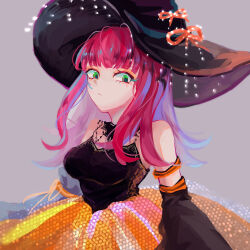  1girl alternate_costume black_dress black_hat breasts commentary dress frilled_dress frilled_shirt_collar frills green_eyes grey_background halloween halloween_costume hat highres hoop_skirt katori_youko large_breasts long_hair looking_at_viewer multicolored_dress orange_dress orange_skirt red_hair skirt solo uroku6 wide_sleeves witch_hat world_trigger 